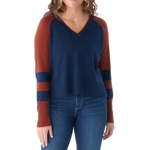 Smartwool Women's Edgewood V-Neck Sweater Boxy Crop Navy Orange Large Wool